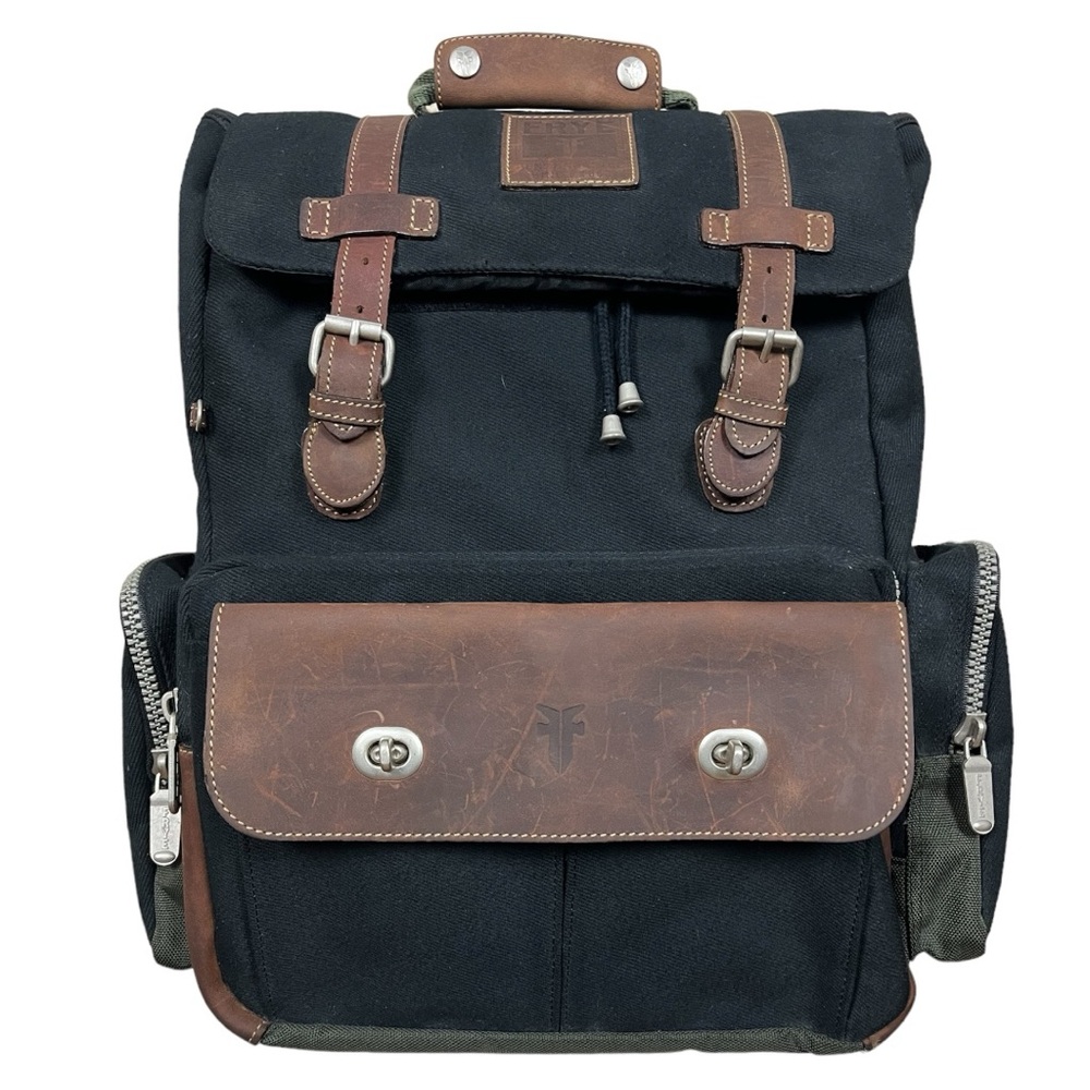 Frye Crazy Horse Leather Trimmed Black Twill Canvas Water Repellent Backpack
